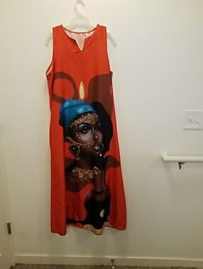 Sleeveless Orange Maxi Dress with Portrait Print